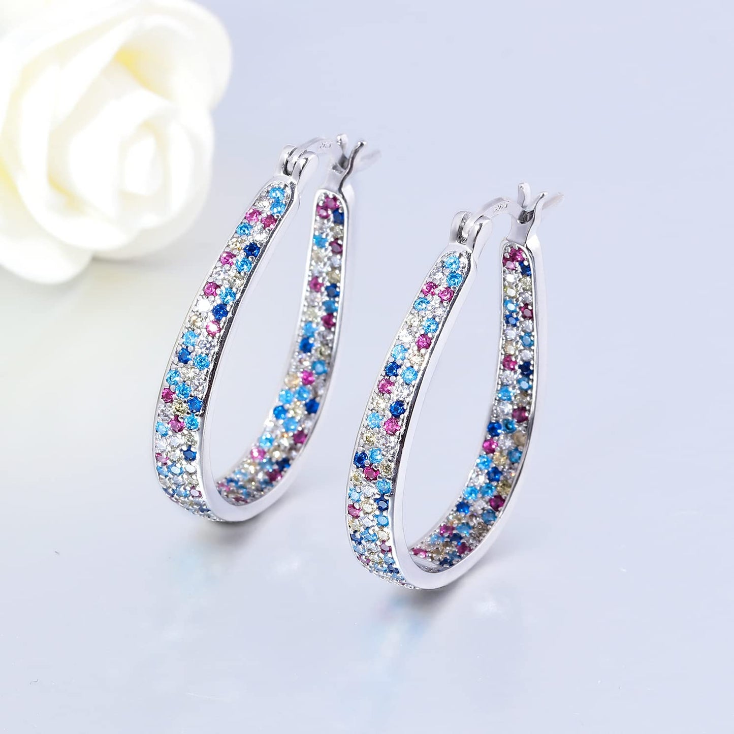 CiNily 925 Sterling Silver Post Hoop Earrings for Women 14K White Gold Plated Rainbow Cubic Zirconia Hoop Earrings Large Oval Chunky Hoops Gemstone Earrings Jewelry