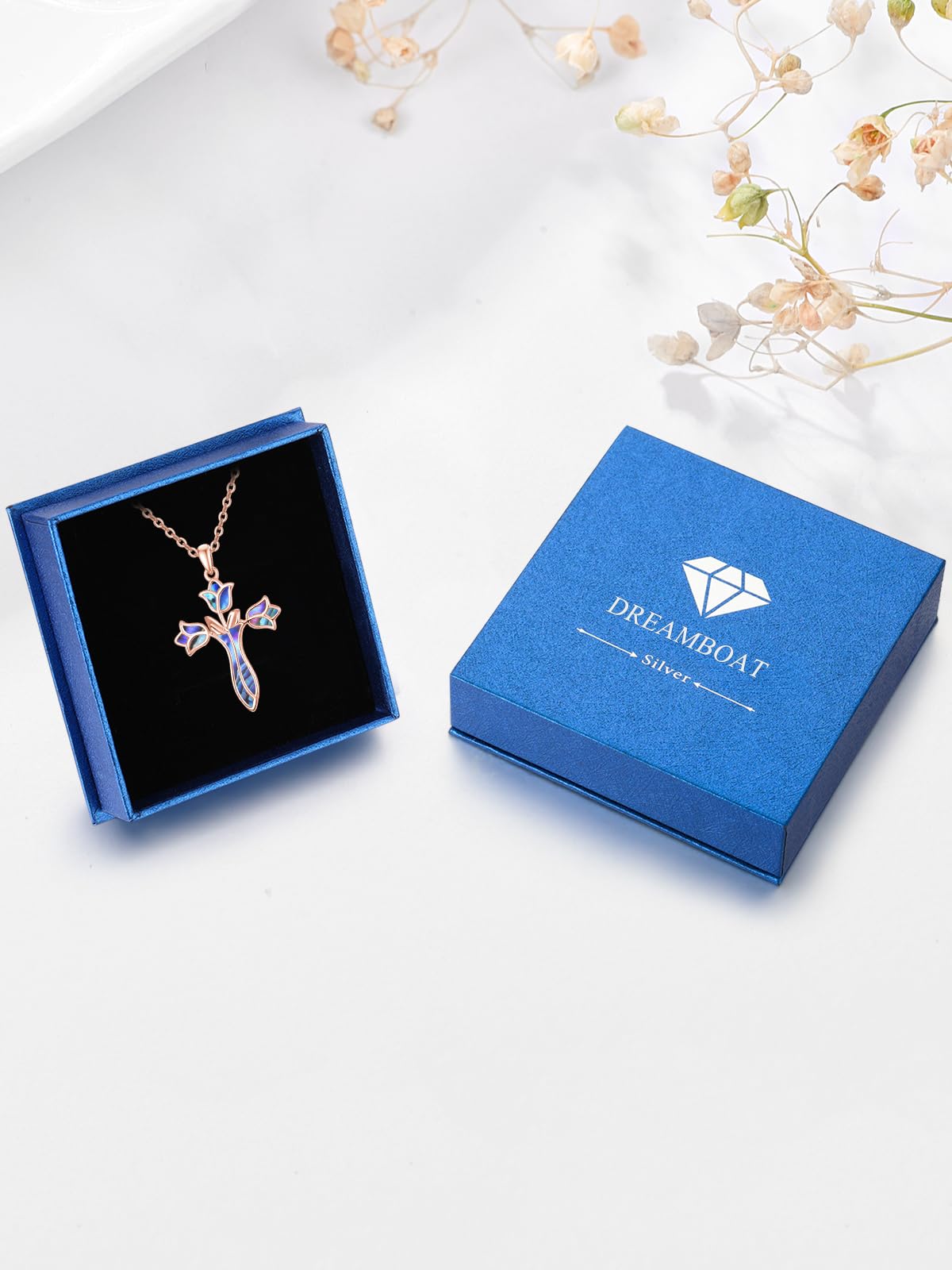 Dreamboat Rose Gold Plated Cross Necklace for Women Sterling Silver Cross Pendant Christian Necklace Tulip Abalone Shell Faith Confirmation Gifts Religious Jewelry for Mom