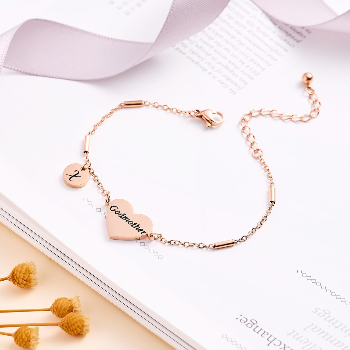 CHENVA Godmother Gifts Initial Bracelet Bangle for Women Gift for Godmother from Goddaughter (Godmother Bracelet-X-Rose Gold)