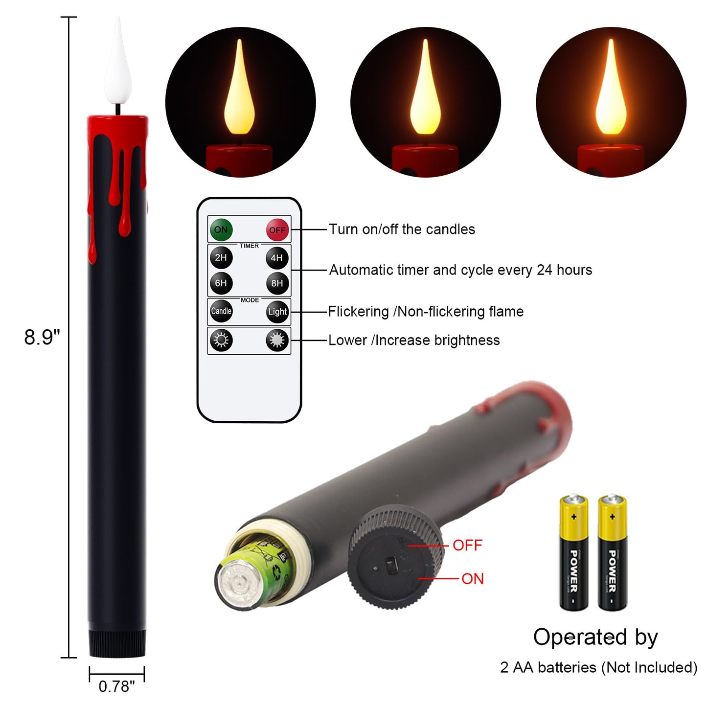 DRomance Black Flameless Taper Candles Flickering with Remote and Timer, Blood Dripping Wax Effect Battery Operated Yellow Light LED Taper Candles Dinner Halloween Spooky Decor(4 Pack, 0.78" x 8.9"")"
