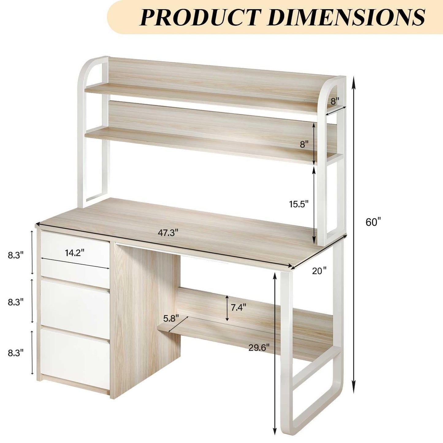 MaverickFurni Computer Desk with Hutch, 47 Inch Small Desk with 3 Drawers for Bedroom, Study Writing Desk with Shelves for Small Spaces, Adjustable Feet, White and Walnut