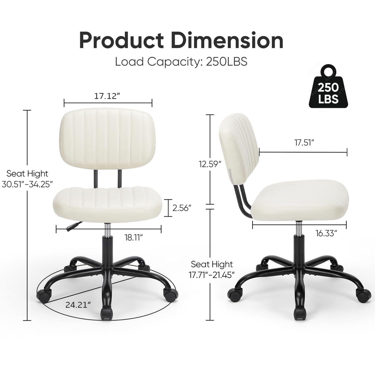 DUMOS Armless Home Office Desk Chair -Small Ergonomic with Low Back Lumbar Support, Height Adjustable PU Leather Computer Task with 360° Swivel Rolling Wheels, for Small Space, Beige White