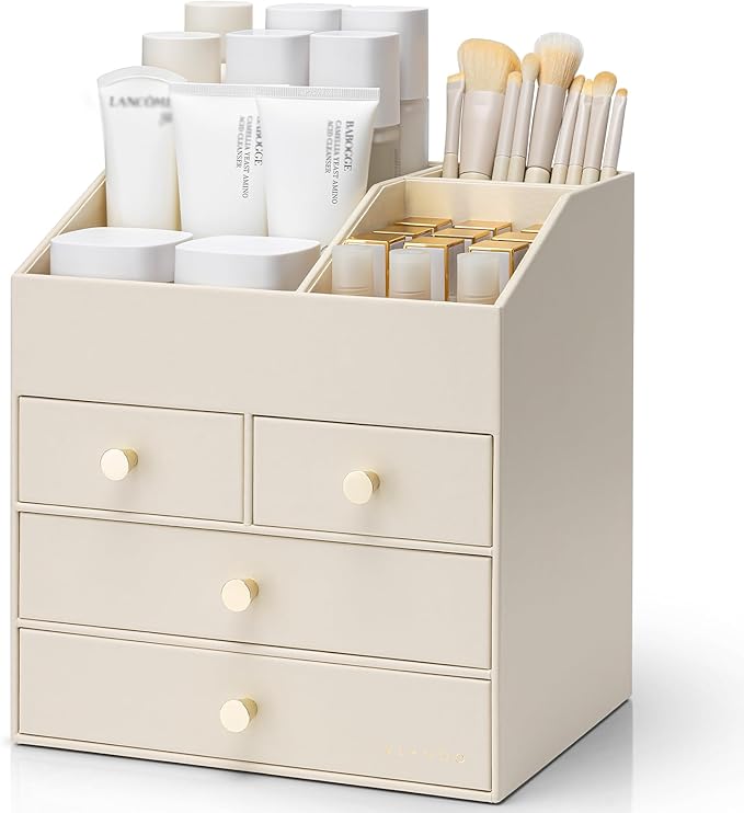 VLANDO Makeup Organizer Countertop,Large Vanity Organizer PU Leather Make up Storage with 4 Drawers Perfume Organizers Cosmetic Display Case for Lipstick,Brushes,Bedroom-Beige