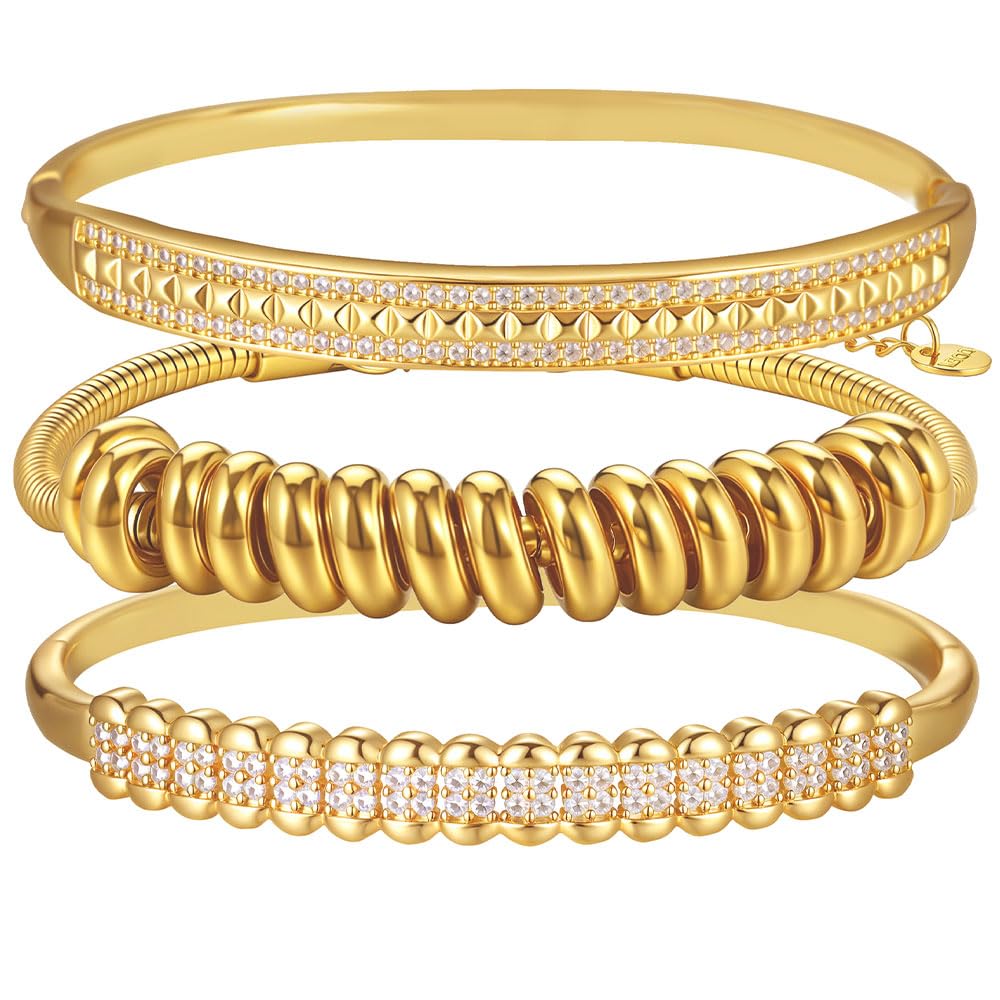 hotoo Gold Stackable Bangle Bracelets For Women 18K Gold Plated Beads Chain Bracelets Stainless Steel Bangle Bracelets Set Cubic Zirconia For Birthday Christmas Trendy Jewelry Gifts,3PCS