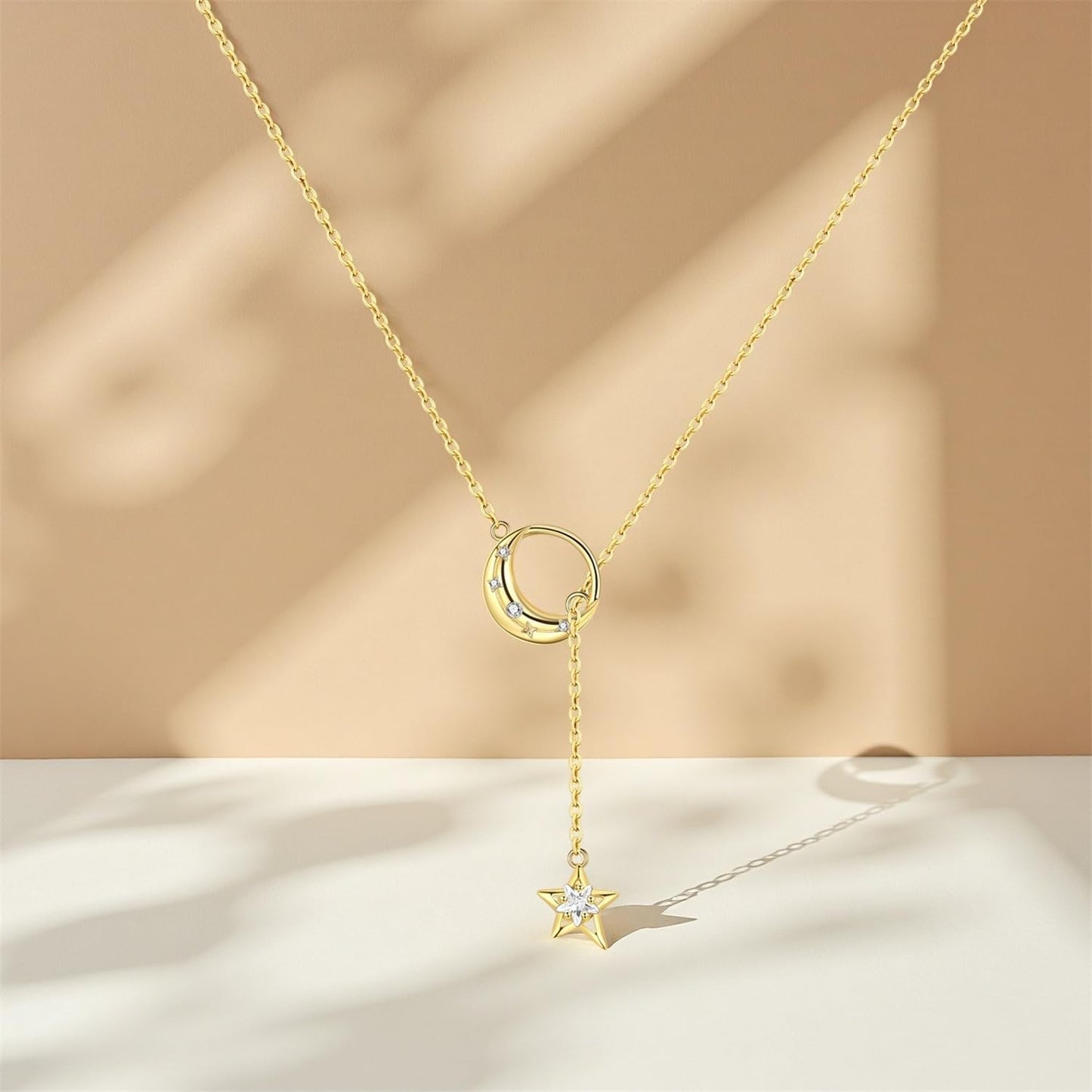 MISEFF 925 Sterling Silver Fashion Pendant Necklace for Women,Fashion Jewelry, 18K Gold Plated, Advanced Retro Series Link Chains ,Basic Multifunctional Accessories Suitable for Multiple Occasions and Daily Wear (Golden Star Moon Y-shaped Chain)
