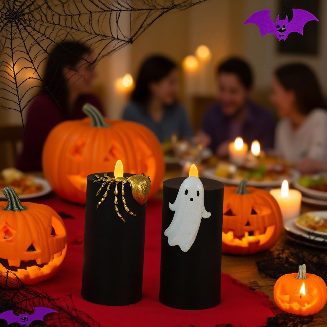 Silverstro Halloween Flameless Candles with Remote & Timer, Real Wax Hand-Carved Painted Ghost Spider LED Candles for Home Party Haunted House Horror Theme Halloween Decor, 3" x 7"" Set of 2"