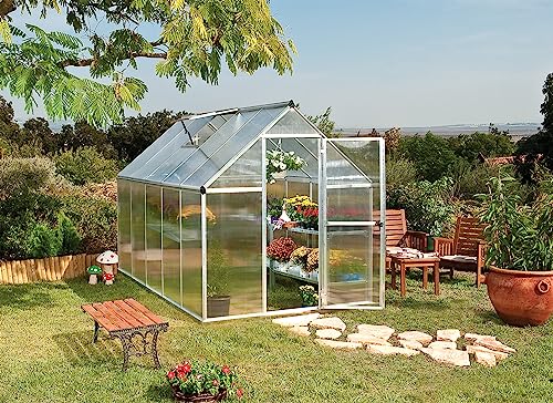 Palram - Canopia 6x10 Greenhouse Kit, Hobby Walk-In Twin-Wall UV Polycarbonate Heavy Duty Aluminum Frame, Lockable Door, Adjustable Roof Vent, Rain Gutters, Galvanized Steel Base, Mythos (Silver)