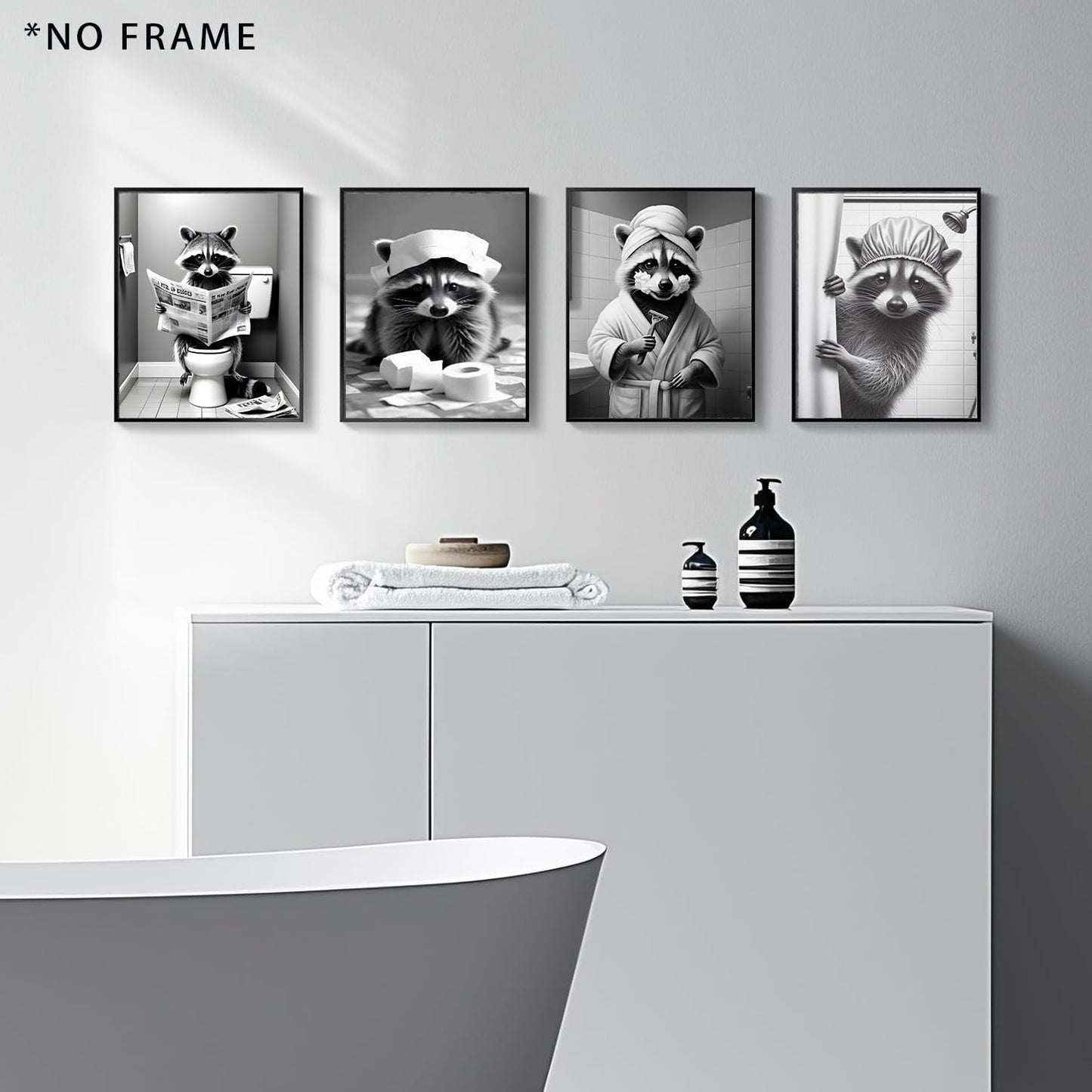 XUCVSPANTING Funny Raccoon Washroom Wall Art,Cut Bathroom Raccoon Sitting on Toilet Reading Newspaper Shaving&Paper Toilet Paper on Head Canvas Posters for Bathroom Washroom Restroom Home Decor