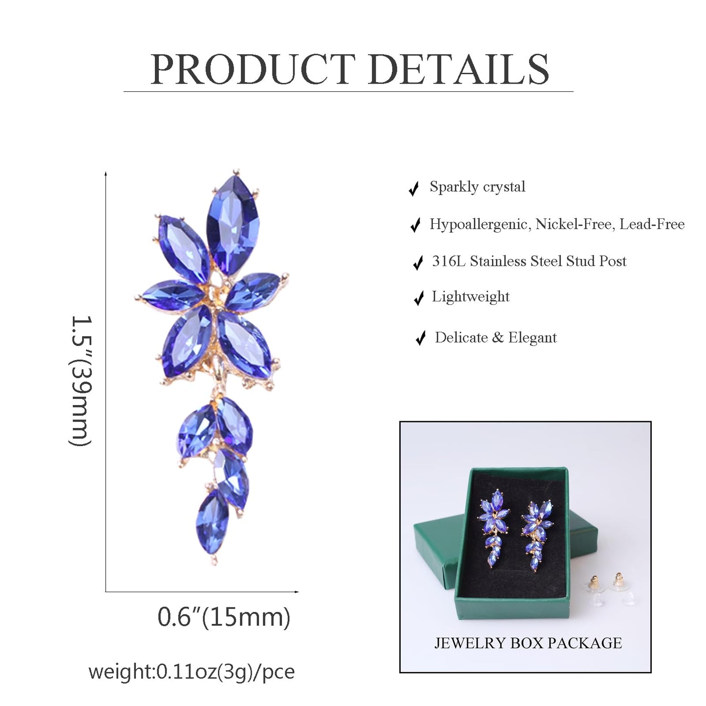 ATIMIGO Elegant Royal Blue Rhinestone Dangle Earrings Cluster Crystal Wedding Bridal Earrings for Brides Bridemaids Formal Prom Statement Drop Earrings for Women