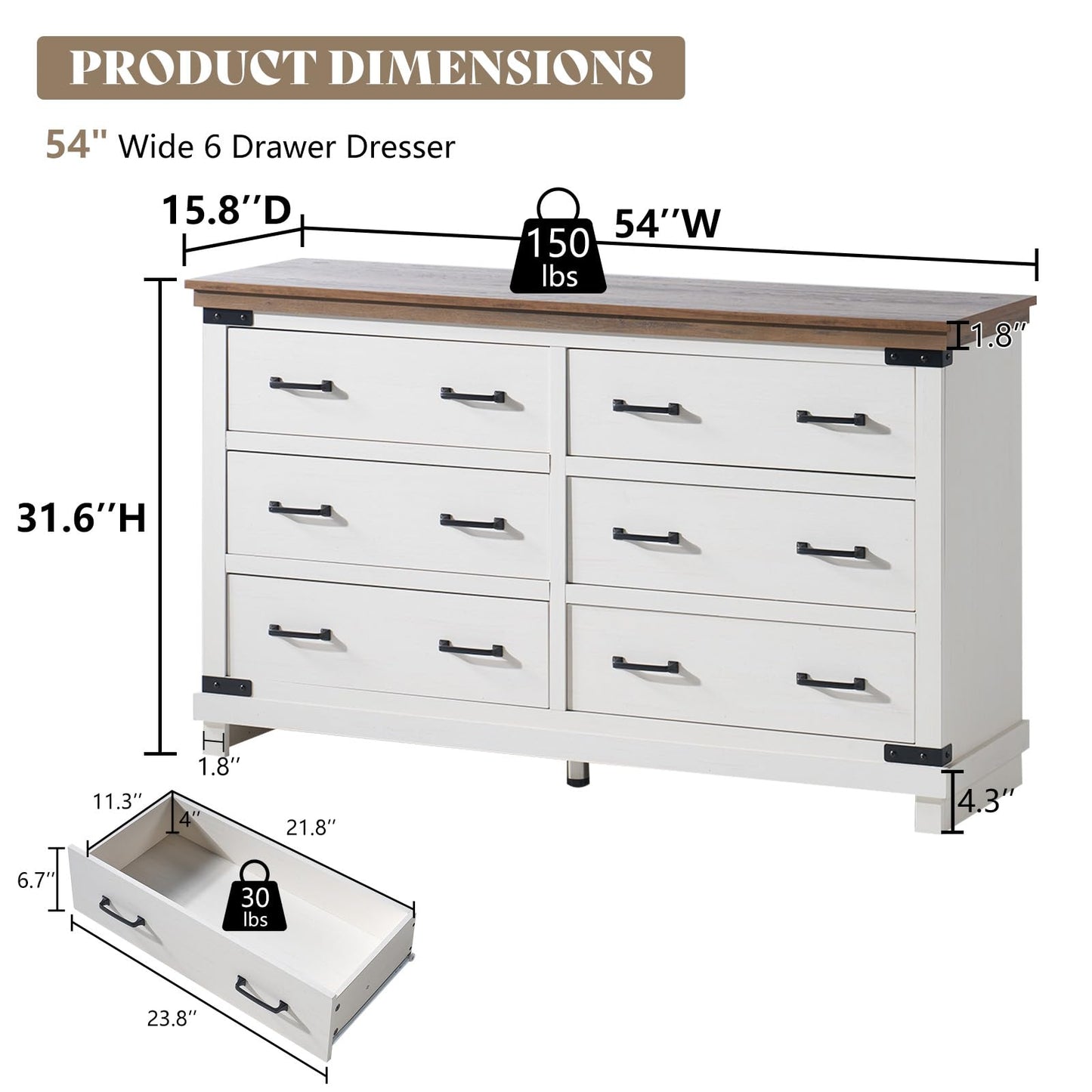 AMERLIFE Farmhouse 6 Drawers Dresser Chests for Bedroom, Wood Large Chest of Drawers/w Thick Plank Styling, Rustic Heavy Duty Closet Storage Dresser Organizer, Living Room, Hallway, Antique White