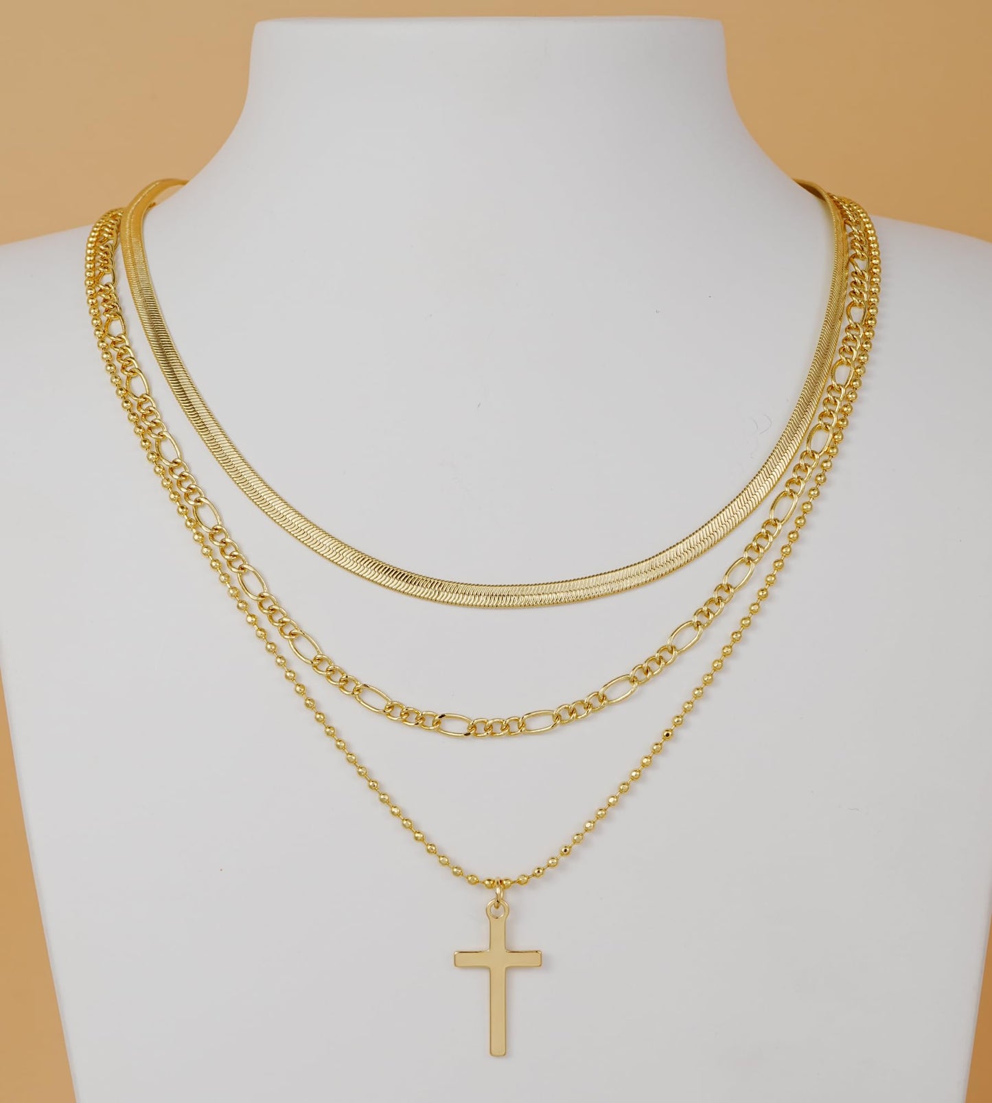 YEEZII Layered Gold Necklaces for Women Trendy, 3 Pcs 14K Gold Plated Choker Paperclip Box Chain Necklace, Stackable Women's Gold Pendant Necklaces Jewelry Set (Gold-3 pcs-Cross)