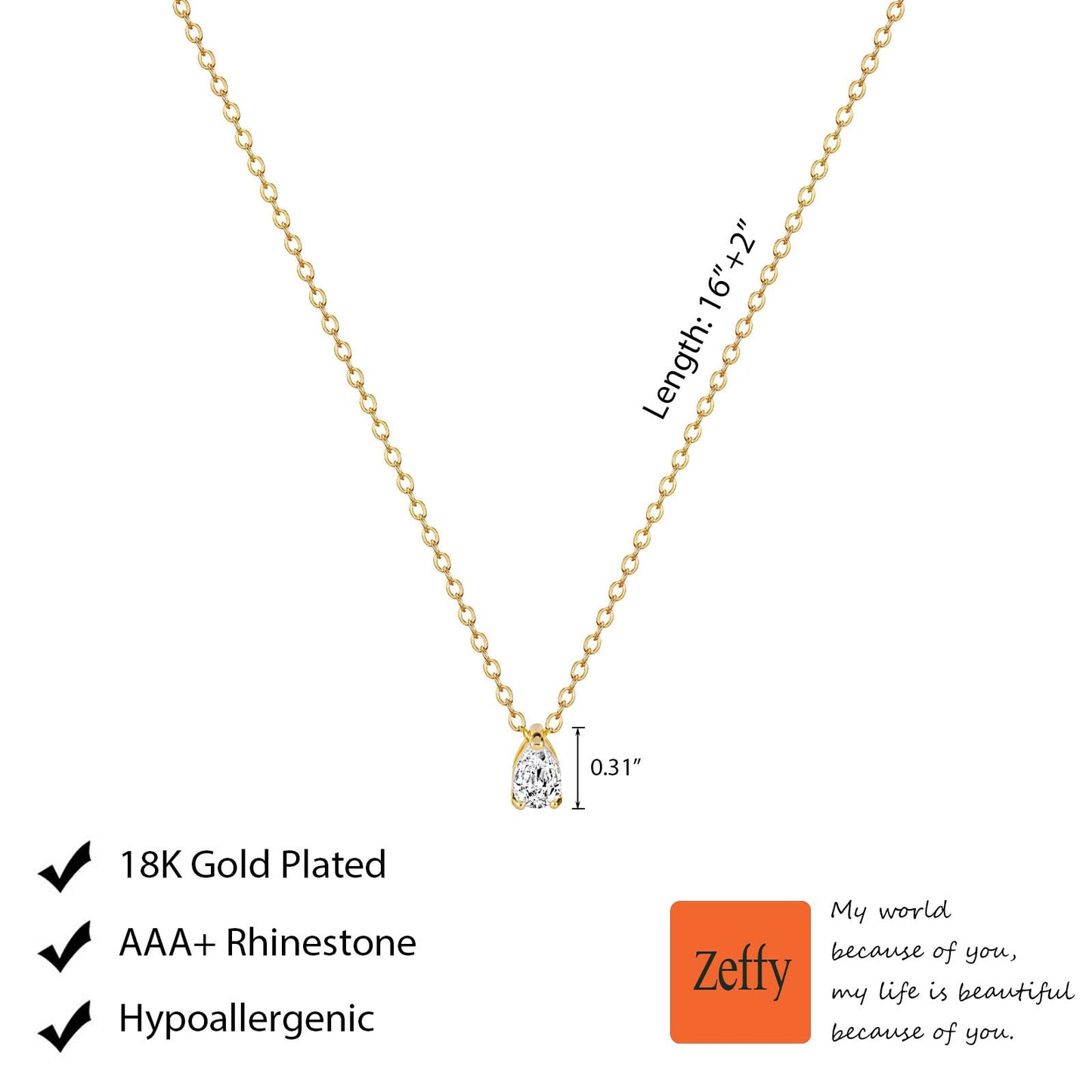 Zeffy Dainty Gold Necklace for Women Simple Small CZ Teardrop Diamond Choker Trendy Gold Jewelry Gifts