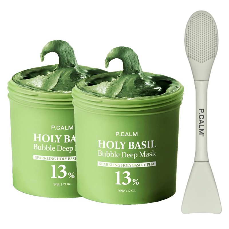 P.CALM Viral Holy Basil Bubble Mask 2EA + Dual Pore Brush Set β Deep Cleansing for Pores & Blackheads with Holy Basil & Carbonated Water