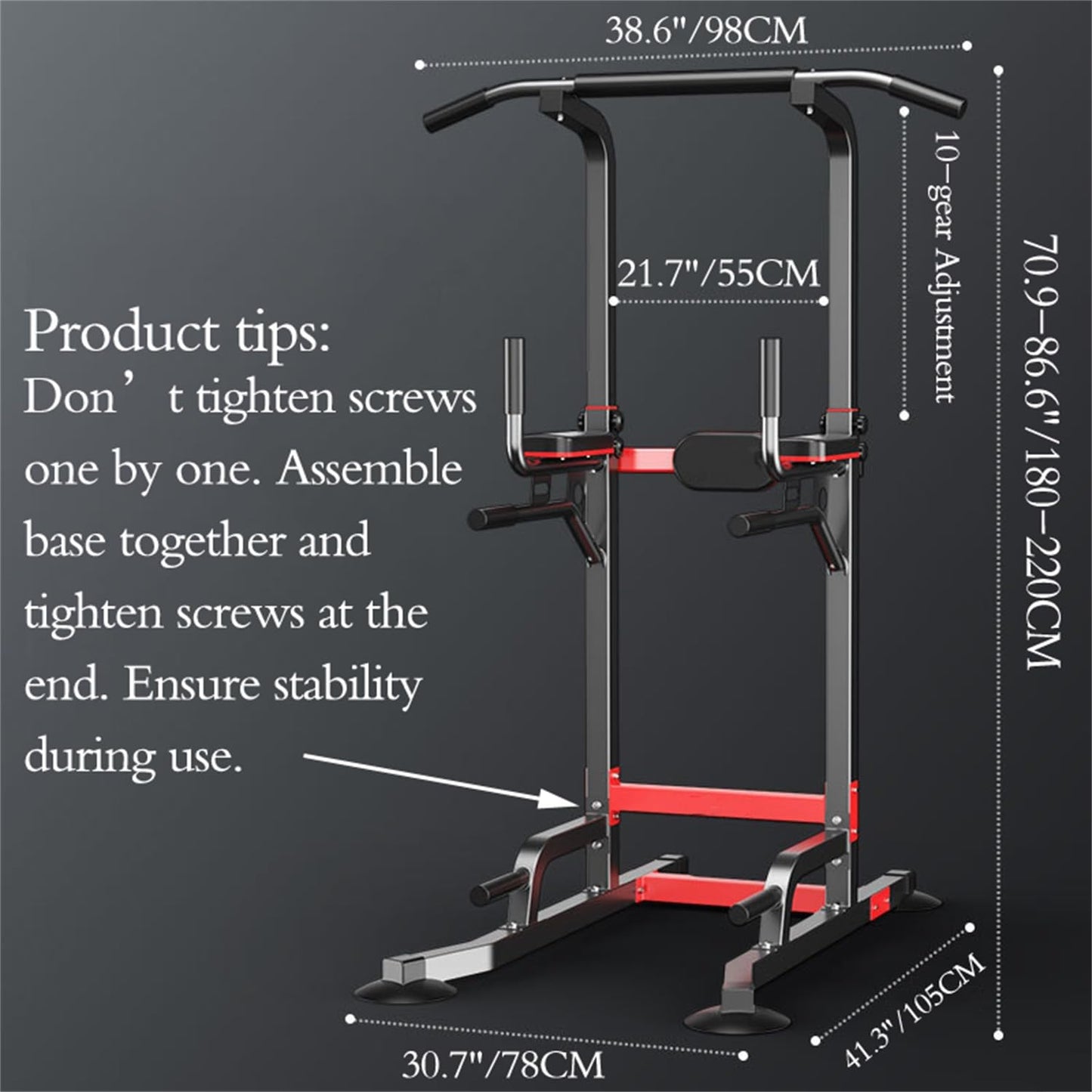 Power Tower Dip Station Pull Up Bar - Multi-Purpose Home Gym Equipment with Adjustable Height and Non-Slip Foot Pads - 330lbs Capacity