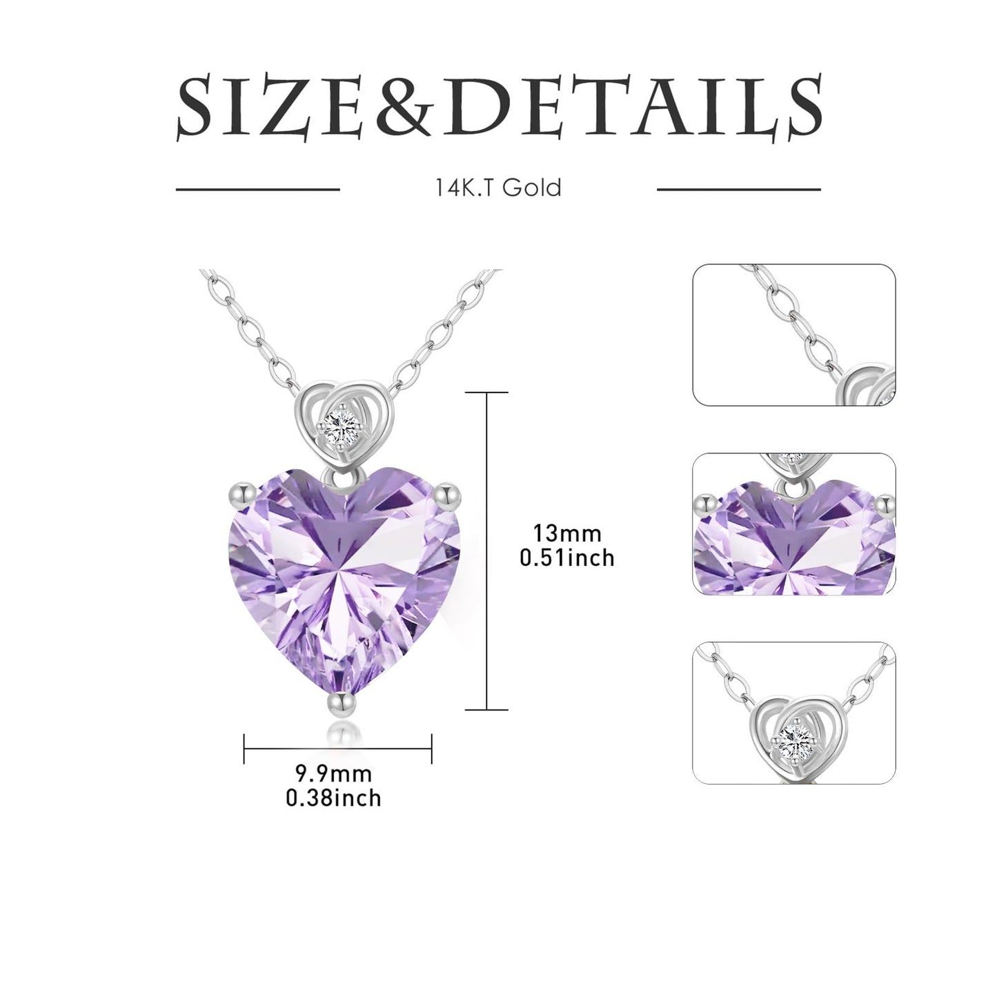 NFYBD 14k White Gold Love Heart Light Amethyst Birthstone Pendant Necklace for Women 3 Carat Heart-cut Created Gemstone Anniversary Birthday Mother's Day Necklaces for Her-june