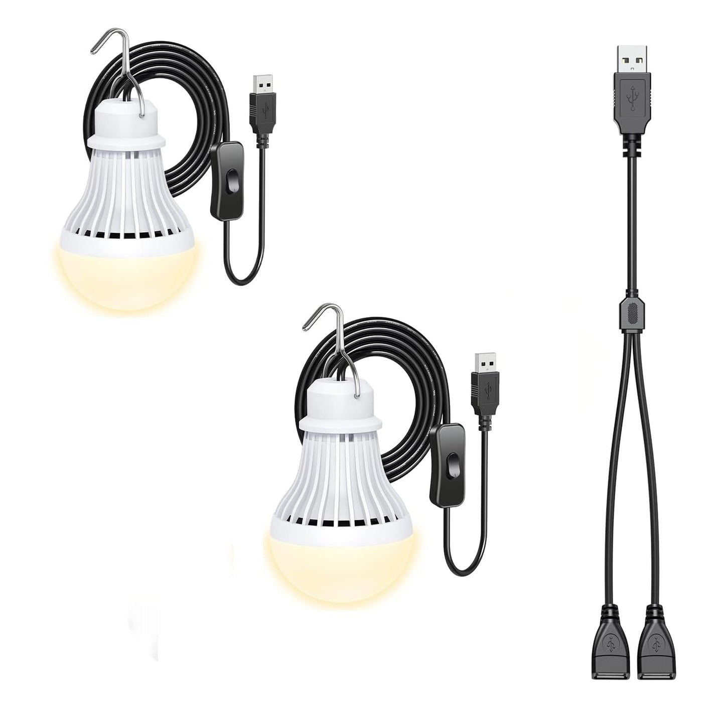 2 Pack USB LED Camping Lantern, 8.2 ft Extra Length Cord Tent Light with USB Y-Cable, Portable LED Bulb for Garage, Warehouse, Car, Truck, Fishing Boat, Room, Emergency Light, Warm