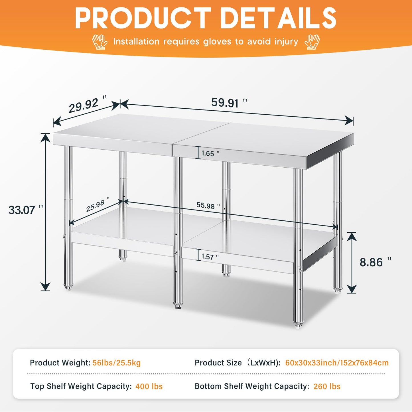 Jocisland 30" x 60" Stainless Steel Table for Prep & Work, NSF Certified Adjustable Under Shelf and Feet, for Commercial Kitchen, Restaurant, Hotel and Garage