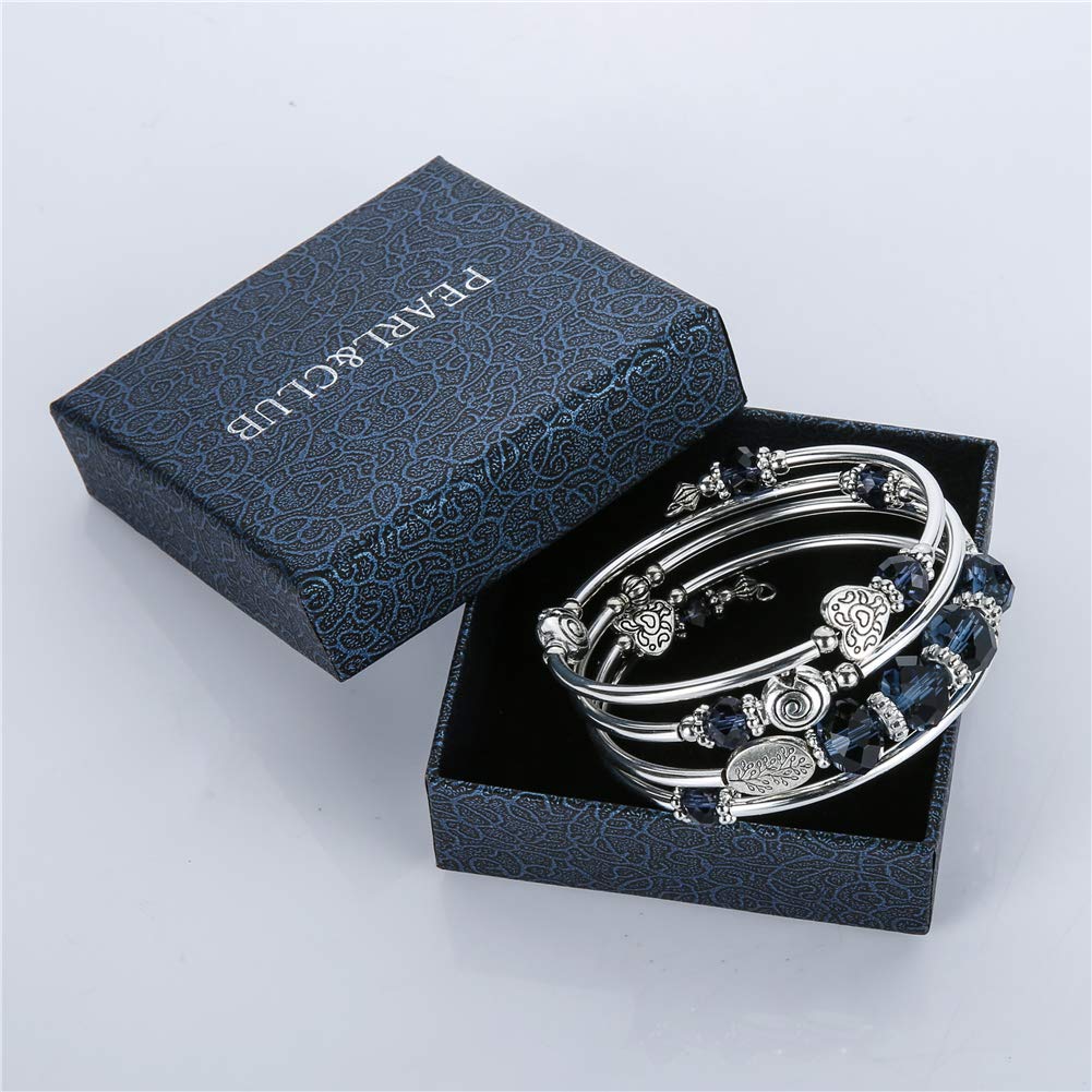 PEARL&CLUB Bead Crystal Wrap Bangle Bracelet - Fashion Jewelry Beaded Bracelet with Silver Metal, Gifts for Women(23-Navy Blue)