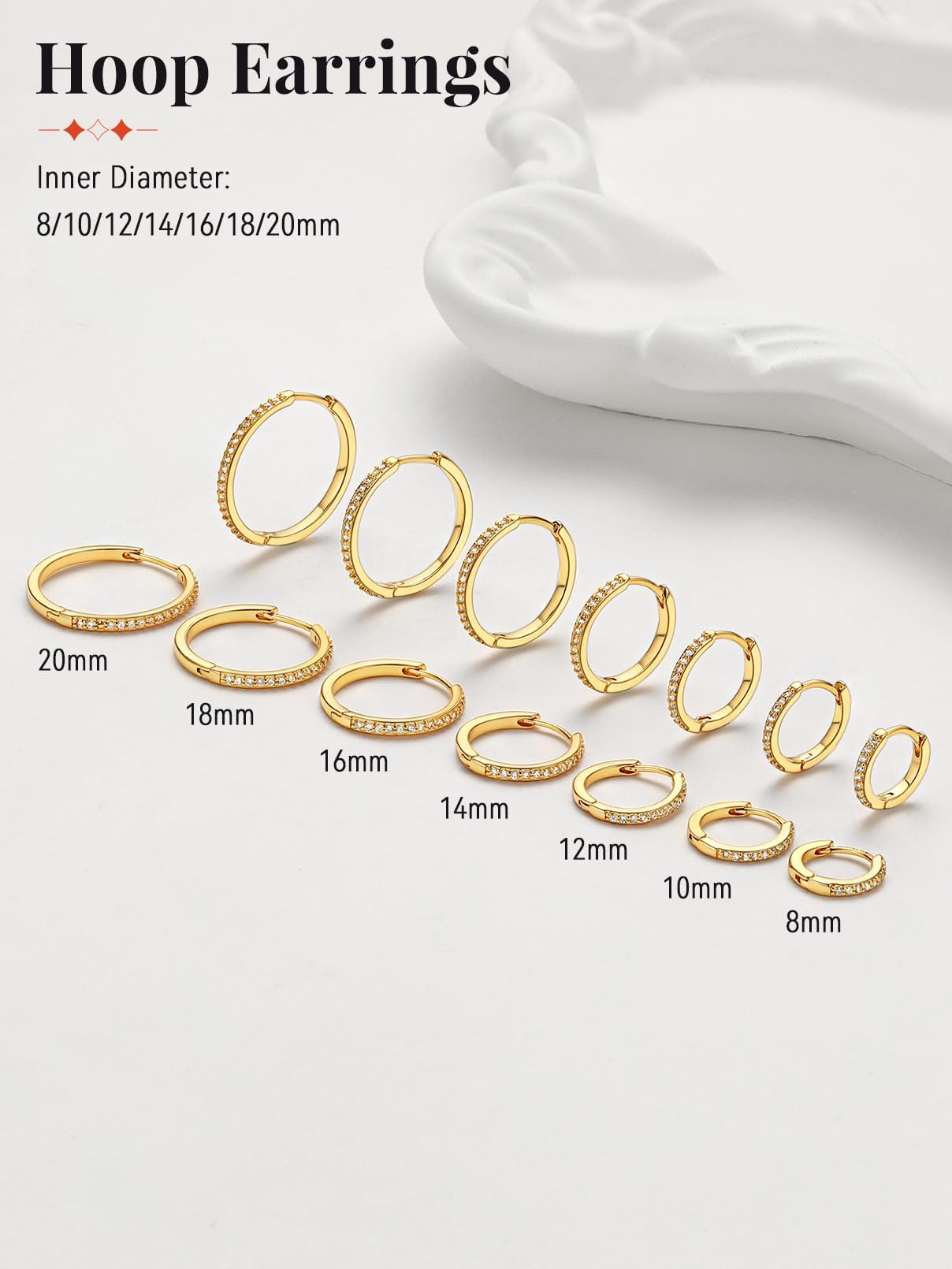 FaithHeart Cubic Zirconia Hoop Earrings for Women, 14K Gold Hypoallergenic Huggie Hoop Earrings, Small Cartilage Earrings for Women 18mm, Send Gift Box