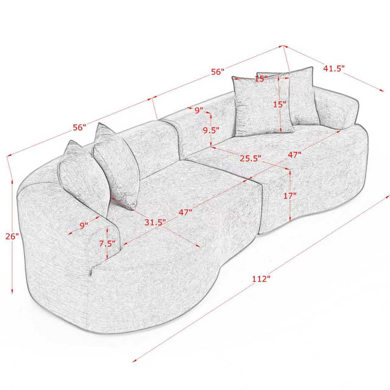 KEIKI 113" Oversized Chenille Curved Modular Sectional Sofa with High-Density Sponge, Upholstered Modern 4-Seater Compression Cloud Couch, No Assembly Needed, for Apartment, Living Room, Light Brown