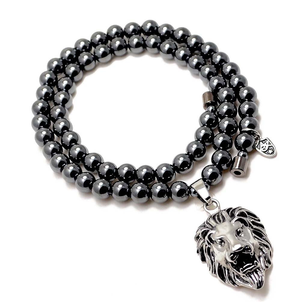 Accents Kingdom Men's Hematite Therapy & Healing Stone Round Bead Necklace With Stainless Steel Lion Head Pendant 18"
