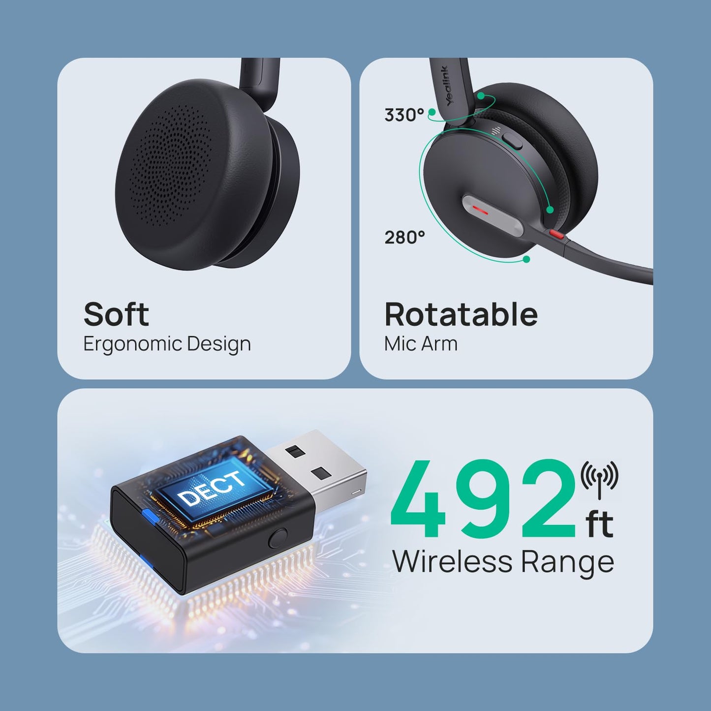 Yealink WH64 Hybrid Wireless Headset Dongle & Charging Stand, 492ft Range DECT&Bluetooth Headphones for Teams, Zoom UC,Single Ear Noise Cancelling Portable Headsets with 3X Mic, 26H Calls,(PC/Phone)