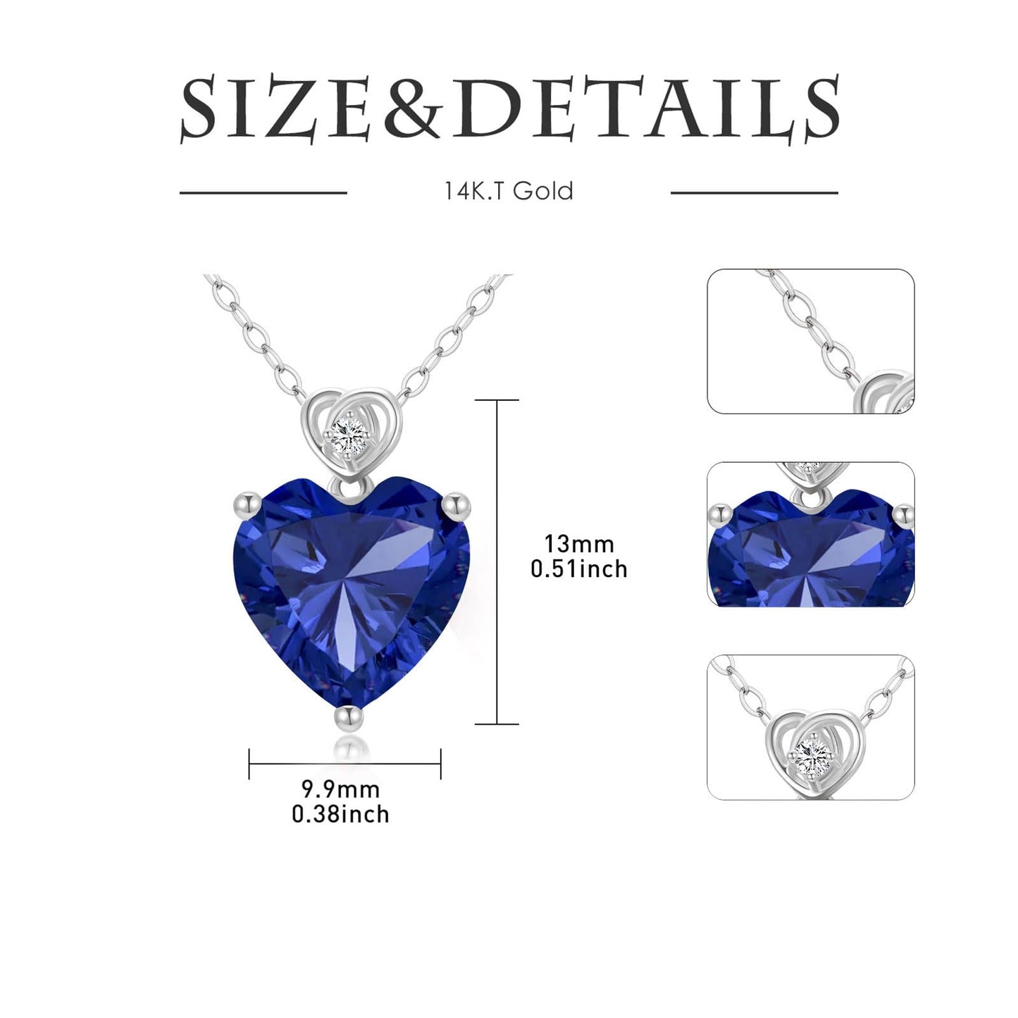 NFYBD 14k White Gold Love Heart Blue Sapphire Birthstone Pendant Necklace for Women 3 Carat Heart-cut Created Gemstone Anniversary Birthday Mother's Day Necklaces for Her-sept