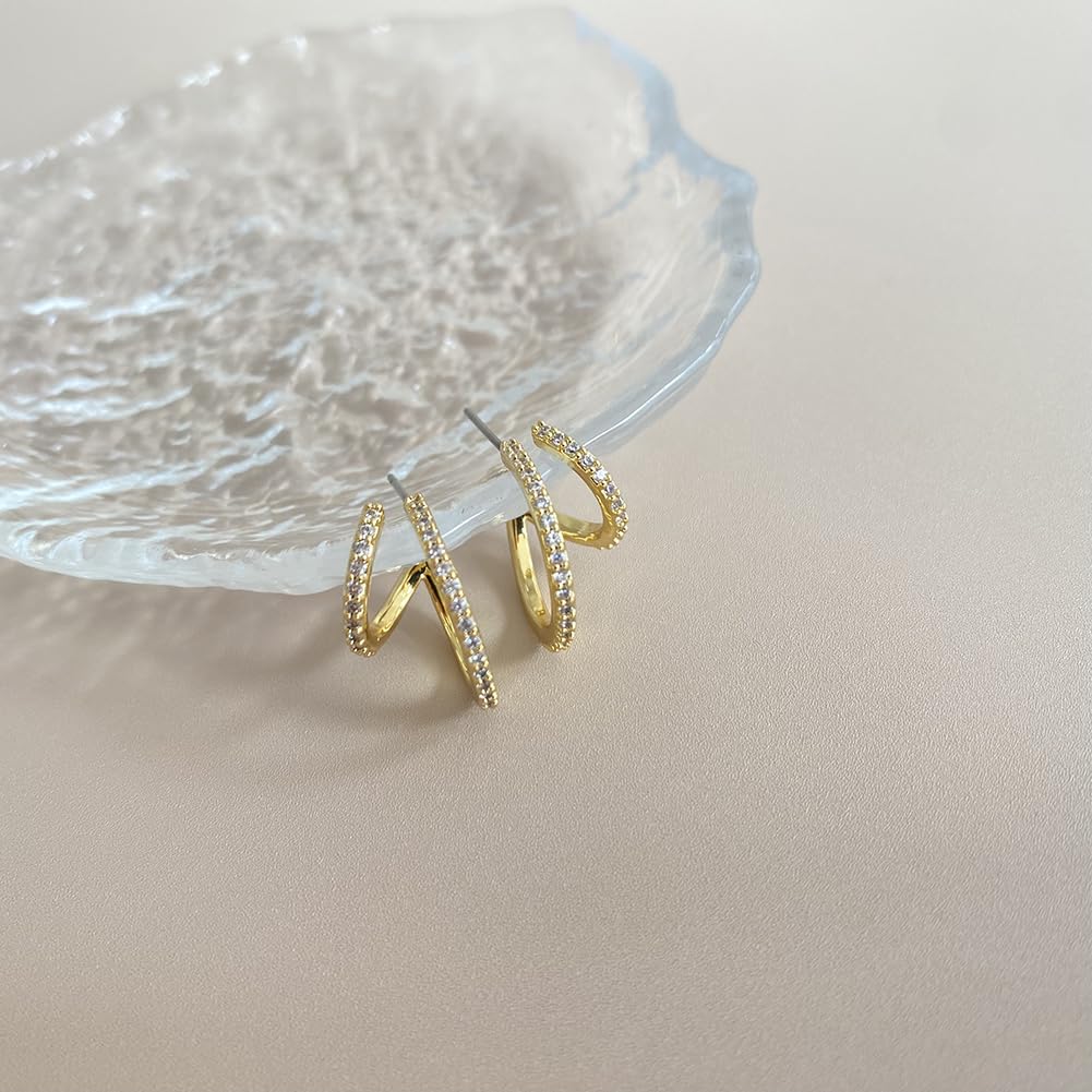 Obidos 14K Gold Plated Double Huggie Hoop Earrings for One Hole | Illusion Stud Earrings for Women | Gold Huggie Small Hoop Earrings for Women | Boho Simple Hypoallergenic Earrings