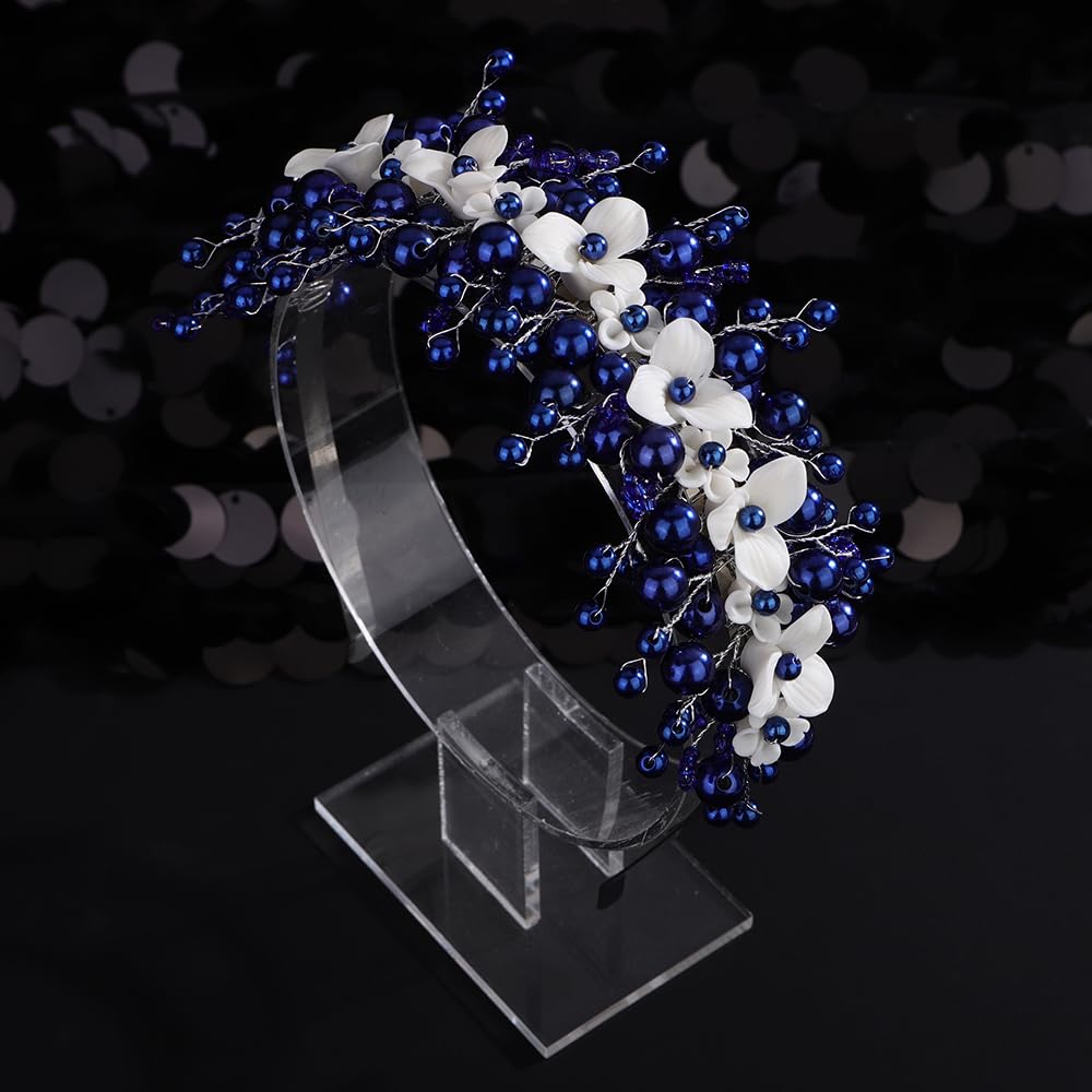 Lenjicons Elegant Faux Pearls Flower Headband White Flower Beads Wedding Headband Handmade Bridal Hair Crown Wedding Bridal Headpiece for Brides Bridesmaid (blue)