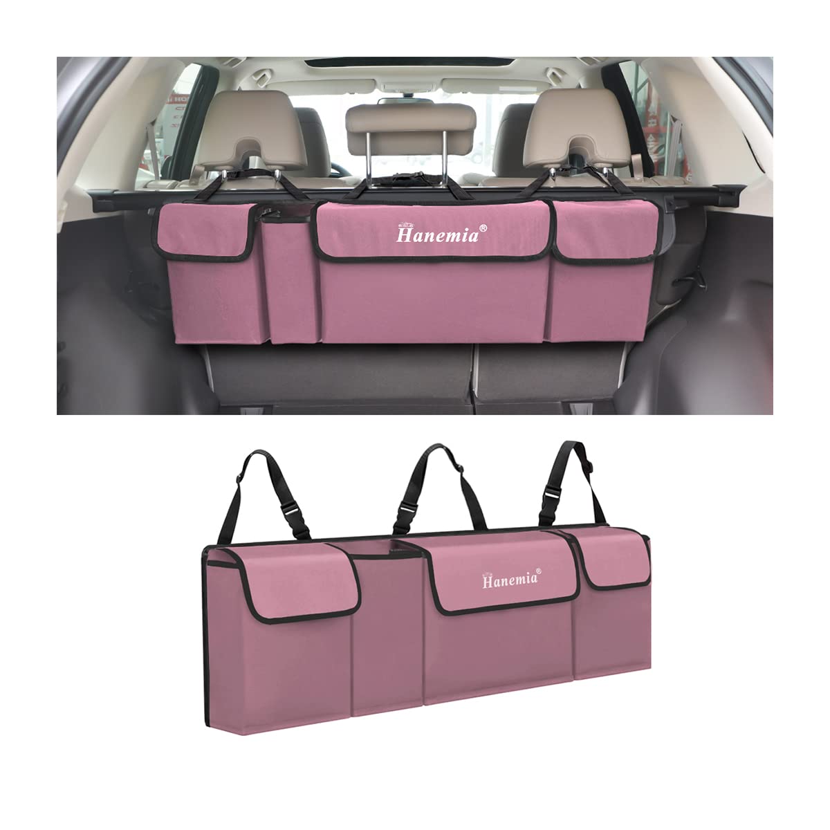 Car Trunk Organizer and Storage, Backseat Hanging Organizer for SUV, Truck, MPV, Waterproof, Collapsible Cargo Storage Bag with 4 Pockets, Car Interior Accessories for Men and Women (Black)