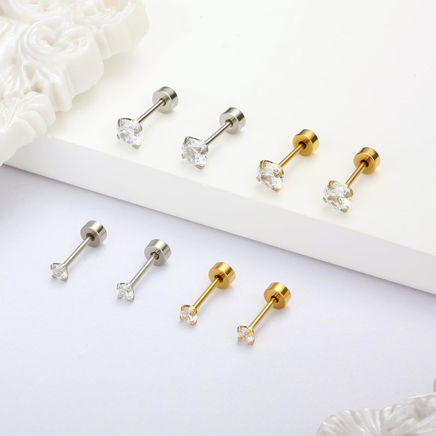 Mothers Day Gifts 2 Pairs Flat Back Earrings for Women, Nap Earrings as Hypoallergenic Flat Back Stud Earrings for Cartilage, 20g Cartilage Earrings as Birthday Gifts (3+5mm Silver)