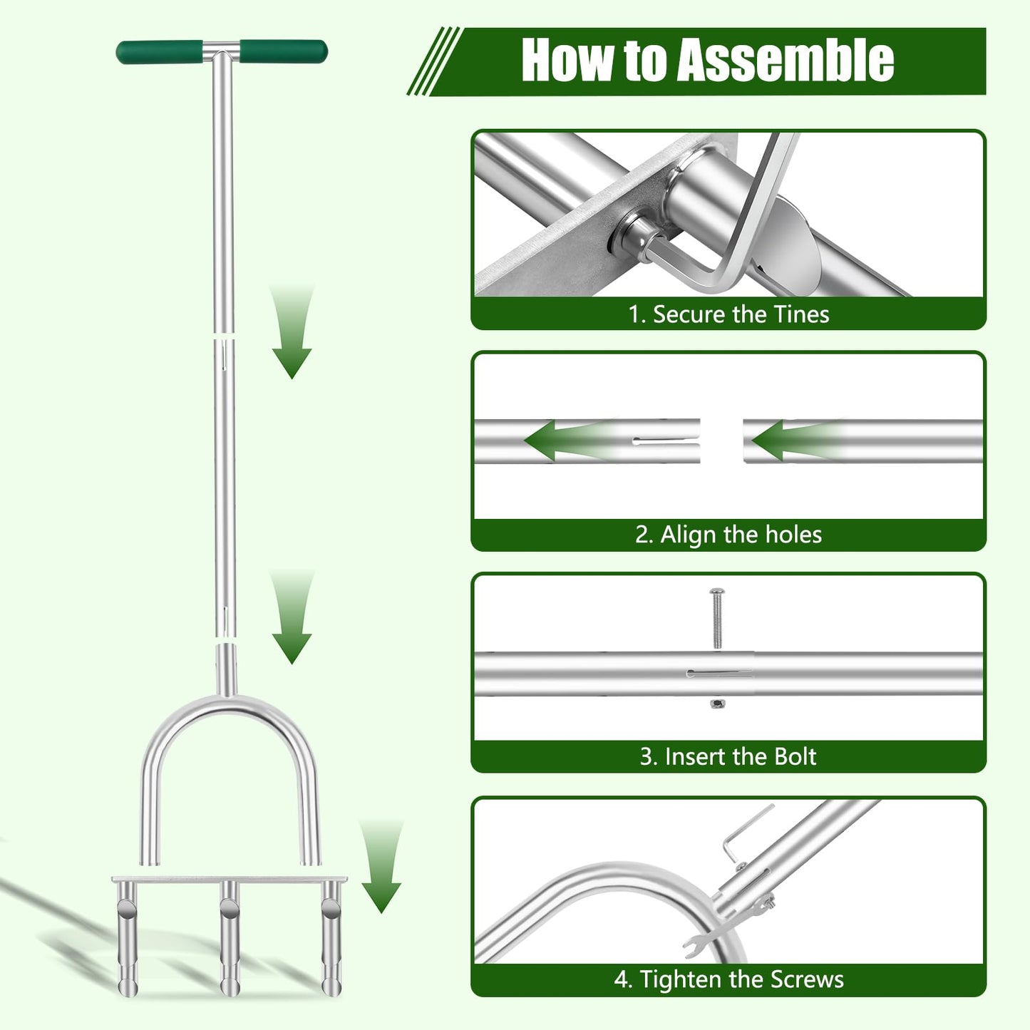 Manual Lawn Aerator Tool with 3 Hollow Tines, Adjustable Height Stainless Steel Core Aerator, Heavy Duty Plug Aerator for Lawn Soil Compaction Relief, Yard Aeration Tool