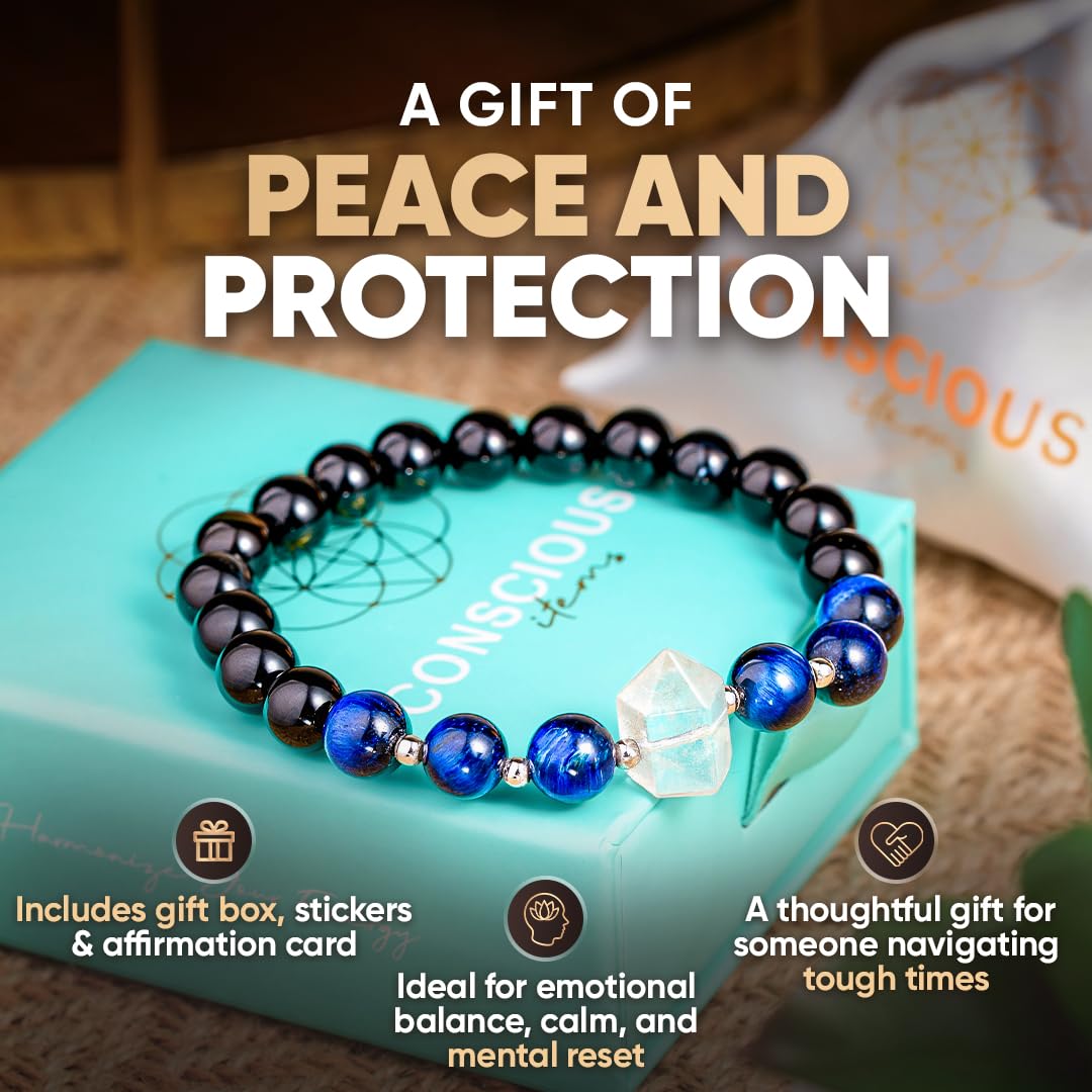 Conscious Items Negativity Bracelet for Women & Men, Blue Tiger’s Eye, Clear Crystal Quartz, & Black Obsidian Bracelet for Grounding & Energy Protection