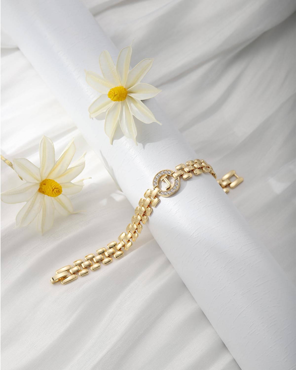 WEDDINEN Initial Bracelet, 14K Gold Plated Letter Bracelet for Women, Thick Bangle Wrist Gold Alphabet Charm Chain, Christmas Jewelry Gifts