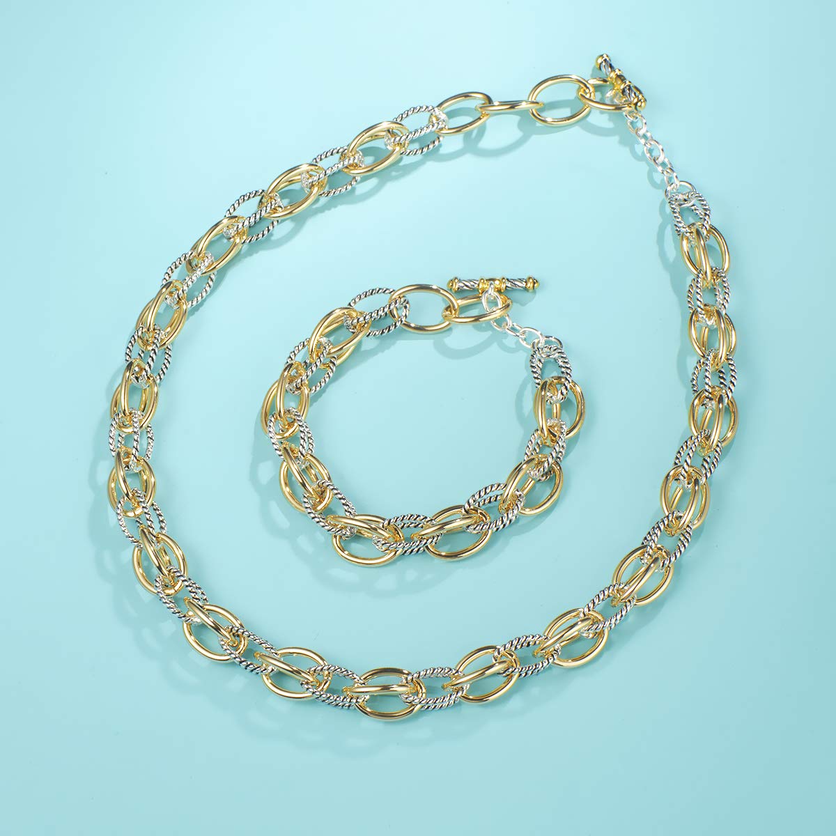 UNY JEWEL Style Trendy Elegant Vintage Retro Unique David Fashion style 2 Tone Double Twist Wire Double Link Women Short Necklace (Silver Tone)