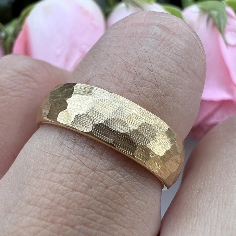 TUTISS 6mm Gold Hammered Tungsten Rings for Men Women Engagement Wedding Bands Domed I Love You Engraved Comfort Fit Size 5