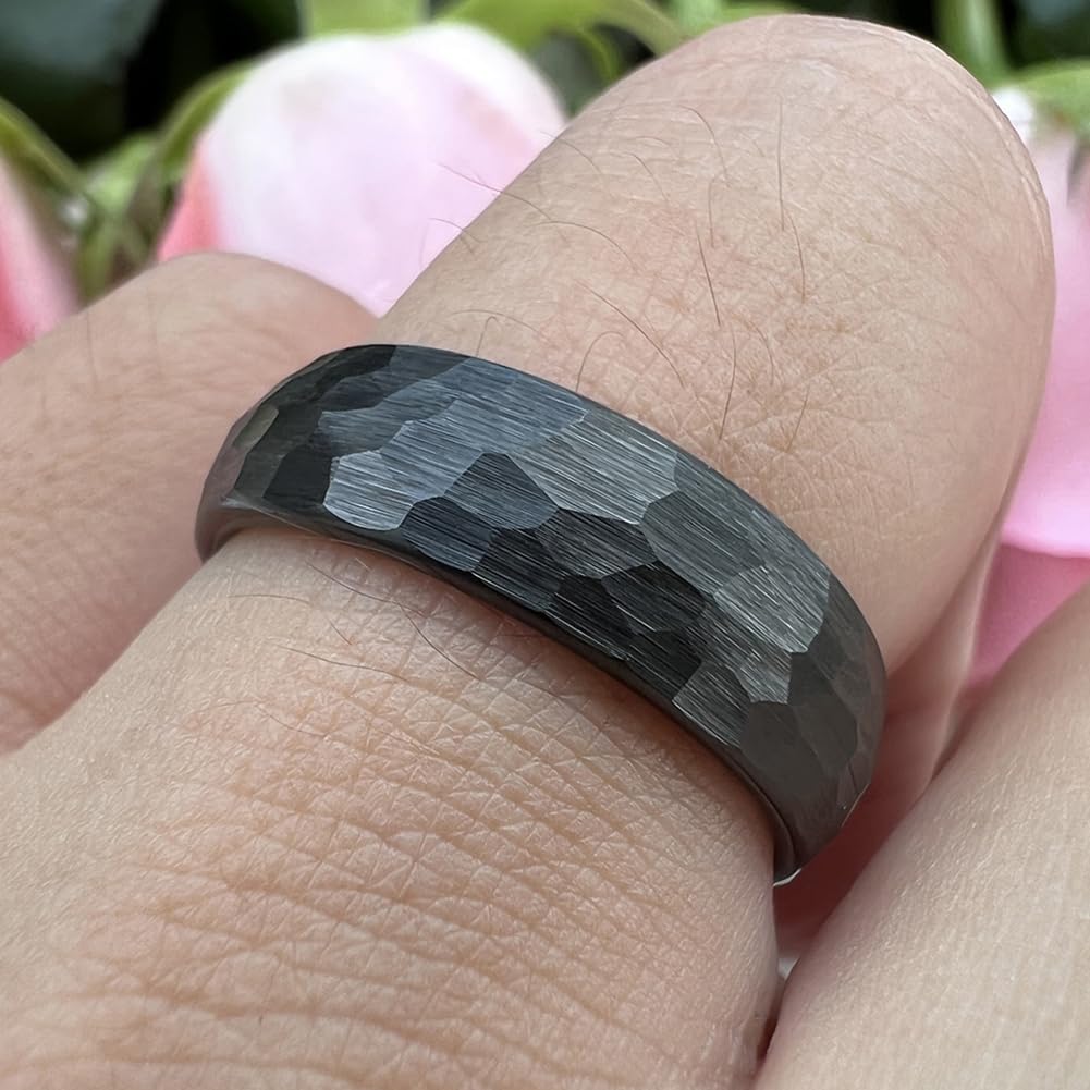 TUTISS 6mm Black Hammered Tungsten Carbide Rings for Men Women Engagement Wedding Bands Domed I Love You Engraved Comfort Fit Size 6
