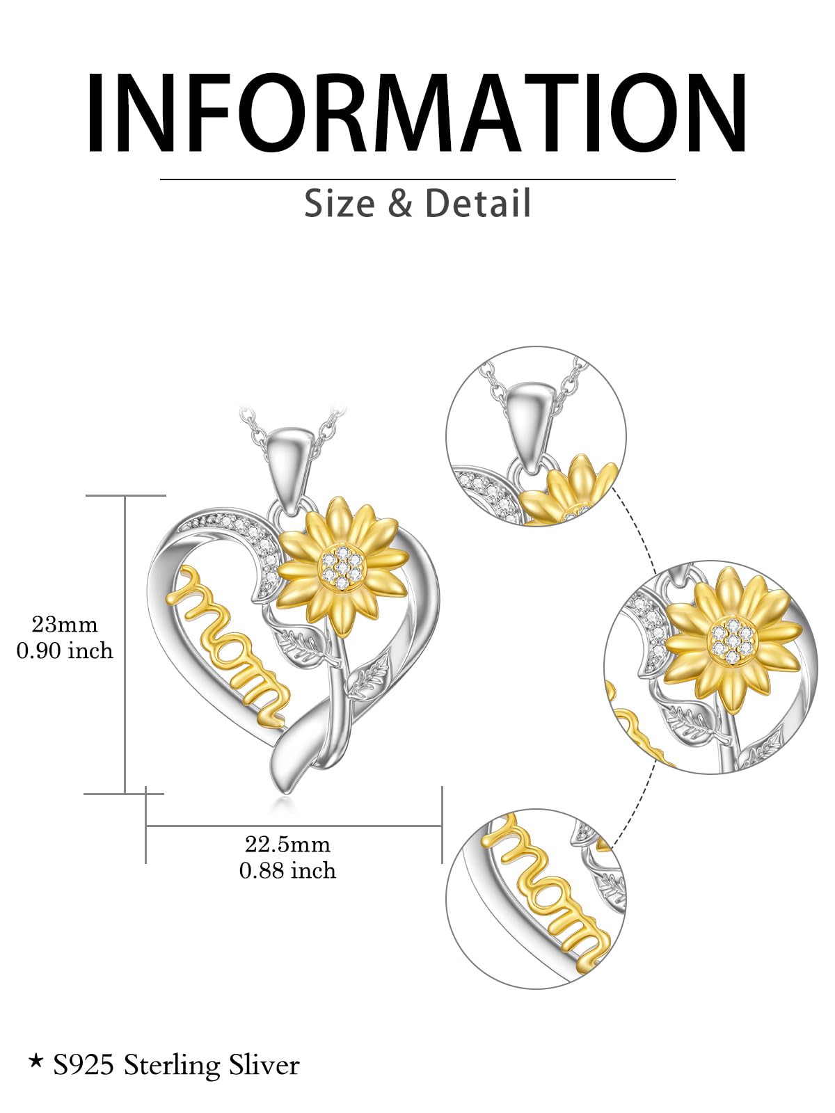 ZBA Real Diamond Sunflower Necklace for Mom, 925 Sterling Silver Sunflower Necklace for Mom Sunshine Gifts Fine Jewelry Anniversary Valentines Birthday Mothers Day Gifts for Mother Grandmother from Daughter Son