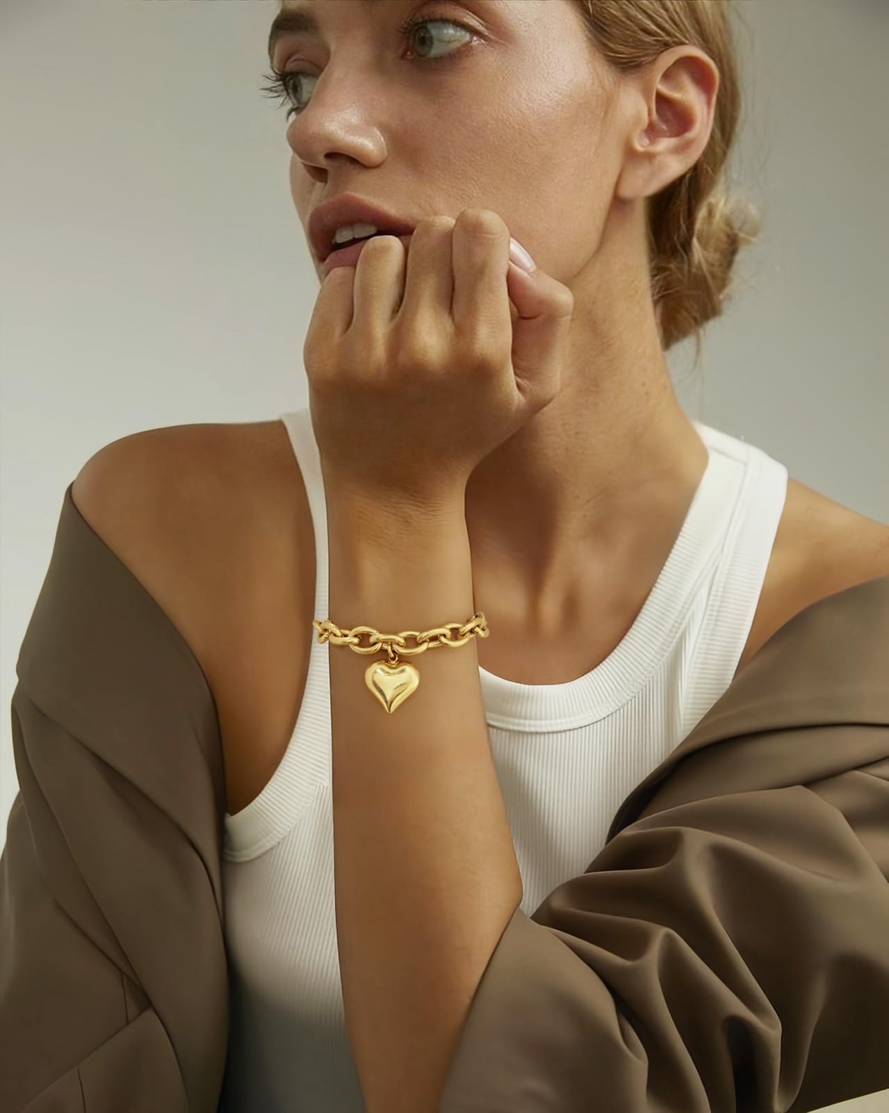 ENSKEFEN Puffy Heart Charm Bracelets for Women Chunky Love Heart Link Bracelets Adjustable Matte Gold Chain Bangle Bracelet