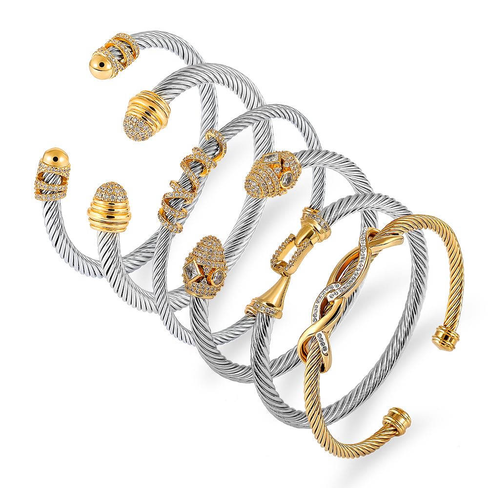 WCB1FPu Stainless Steel Cable Wire Open Cuff Adjustable Size Bangle Zircon inlaid Bracelet (5)