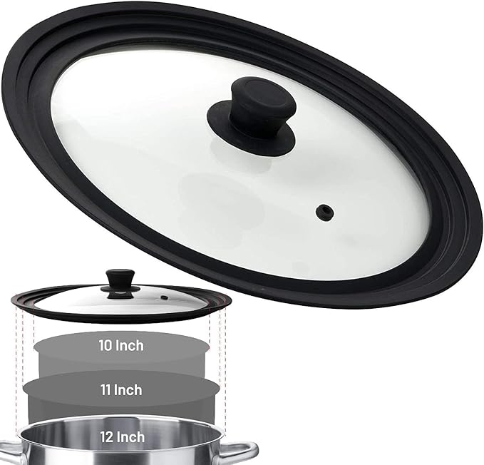 Bezrat Universal Lids for Pots, Pans and Skillets - 2-Pack Heat-Resistant Covers Tempered Glass with Silicone Rim - Fits 10â, 11â, 12â Cookware - Kitchen Covers, Dishwasher Safe (Single, 10",11",12")