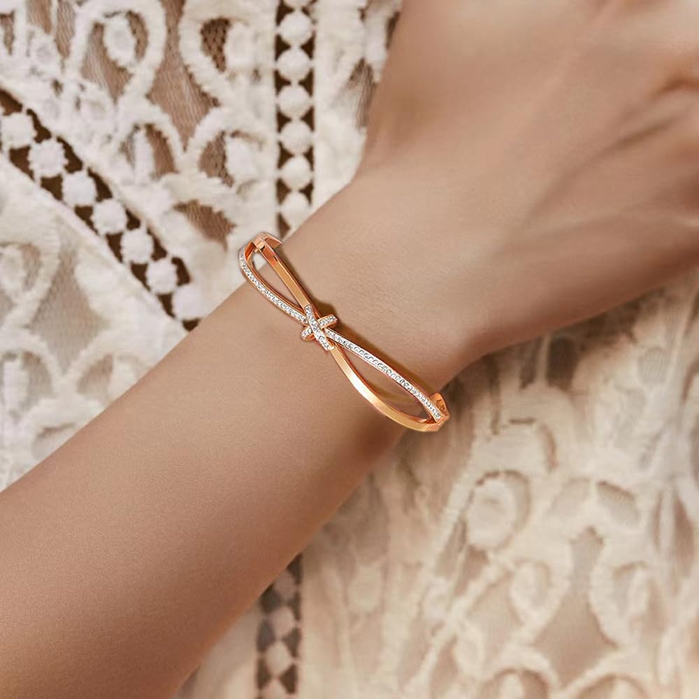 Bow Bangle Bracelet for Women Personalized Cubic Zirconia Stainless Steel Bracelets Oval Butterfly Knot Bangles Bracelets Gifts for Love (Rose)