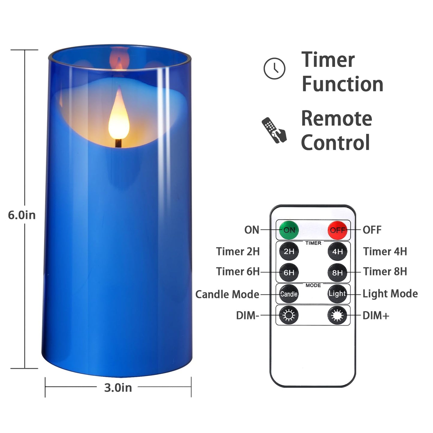 NURADA 3"x6""Flickering Flameless Candles: 3D Wick Acrylic Battery Operated LED Pillar Battery Candles with Remote and Timer for Decoration Wedding Party - 2 Pack Blue"