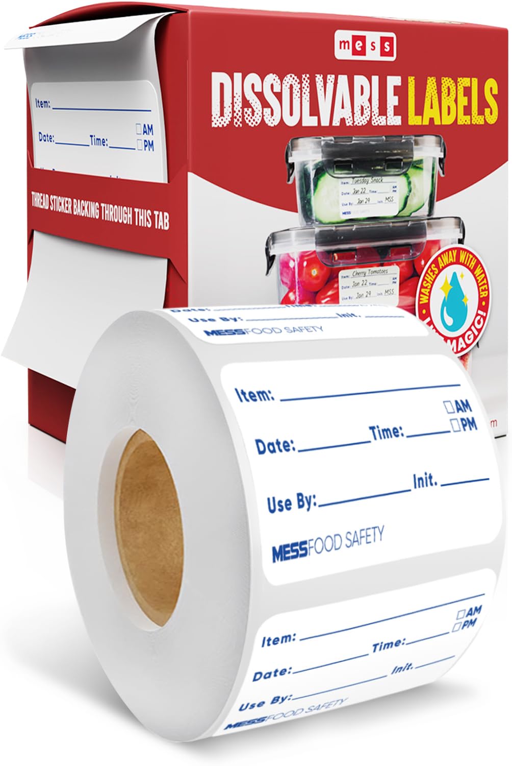 MESS Dissolvable Food Labels, 1x2, 200/Roll - Dissolves in 30 Seconds or Less - Removable Pantry, Meal Prep & Food Storage Labels – Canning & Freezer Use