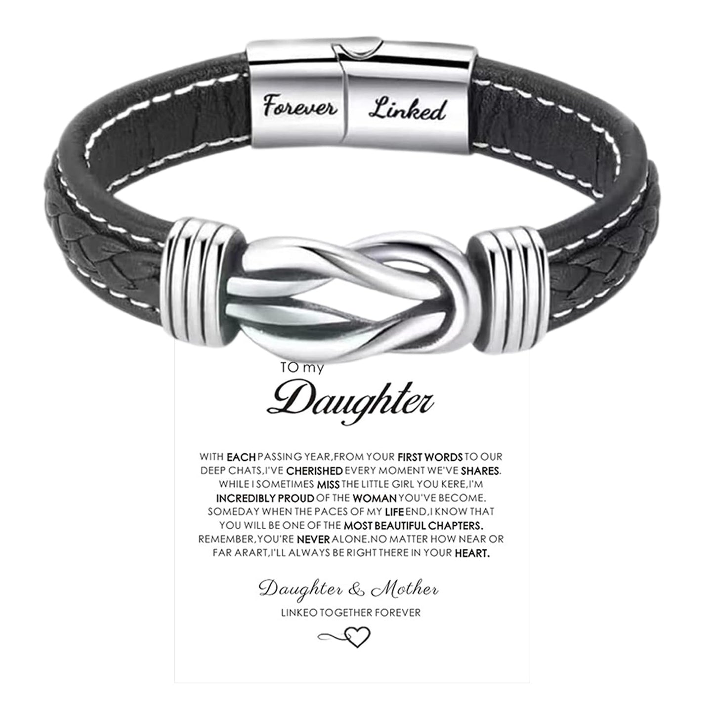 To My Daughter Love You Forever Bracelet, Mother and Daughter Forever Linked Together Braided Leather Bracelet, Inspirational Wristband for Women Infinity Knot Engraved Bangle Gift from Mom