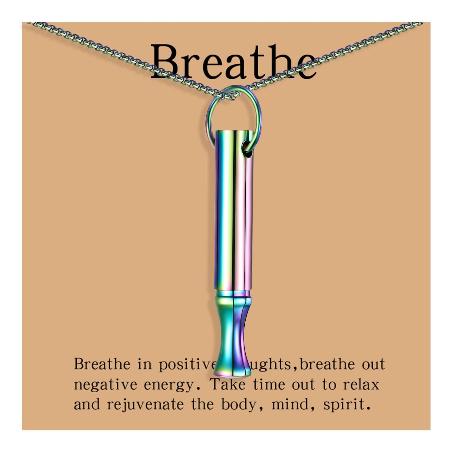 hooppoo Breathing Necklace for Calm & Focus - Personal Essential Oil Diffuser for Anxiety Relief, Quit Smoking, Yoga and Meditation - Reusable Stainless Steel Pendant for Women Men (Rainbow)