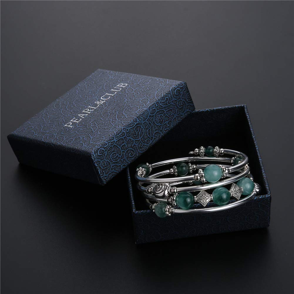 Beaded Pearl Bangle Wrap Bracelet - Fashion Bohemian Jewelry Multilayer Charm Bracelet with Thick Silver Metal Beads, Gift For Women(Jade Green)