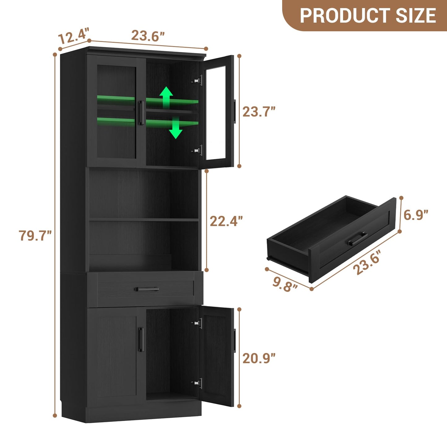 Unikito 79.7" Tall Kitchen Pantry Storage Cabinet, Freestanding Kitchen Hutch Cabinet with Glass Door, Adjustable Shelves and Drawer, Display Bookcase for Living Room, Dining Room, Bathroom, Black