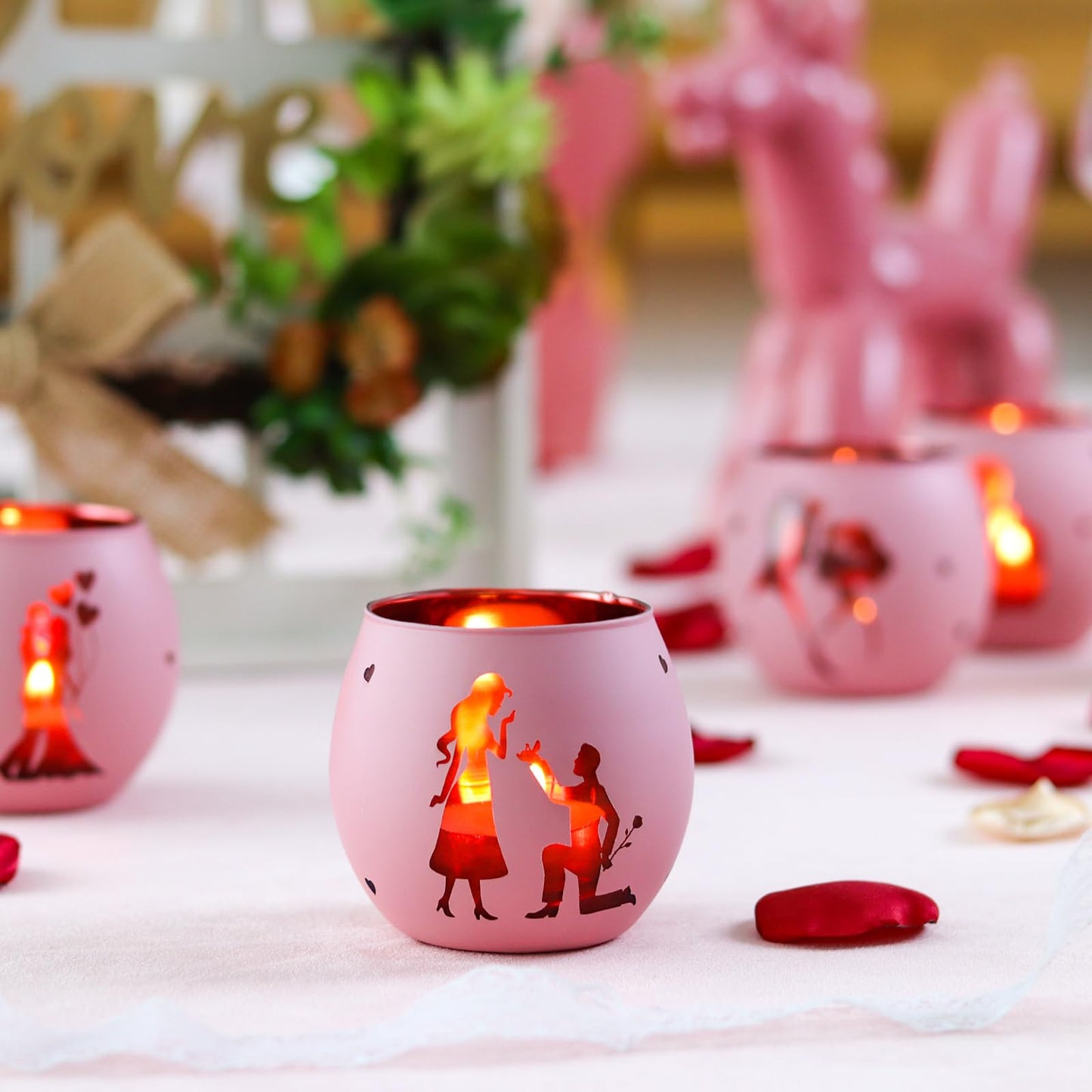 Valentine's Day Gift 4PCS - Romantic Glass Tealight Votive Holders, Sweet Wedding Housewarming Gift for Couples, Anniversary & Engagement Party Decor