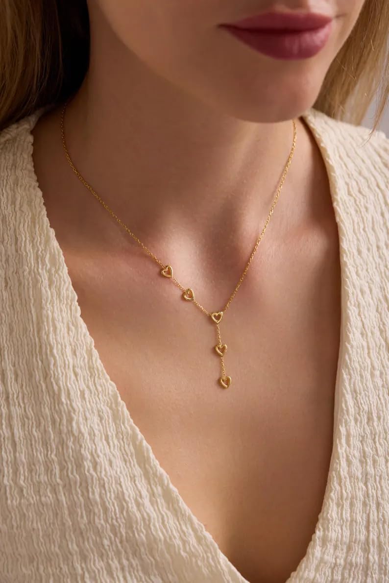 CHESKY Lariat Gold Necklace for Women, Dainty Long Necklace 14k Gold Plated Y-Shaped Pendant Necklace Trendy Hollow Heart Chain Drop Necklaces Simple Gold Jewelry for Women Gifts